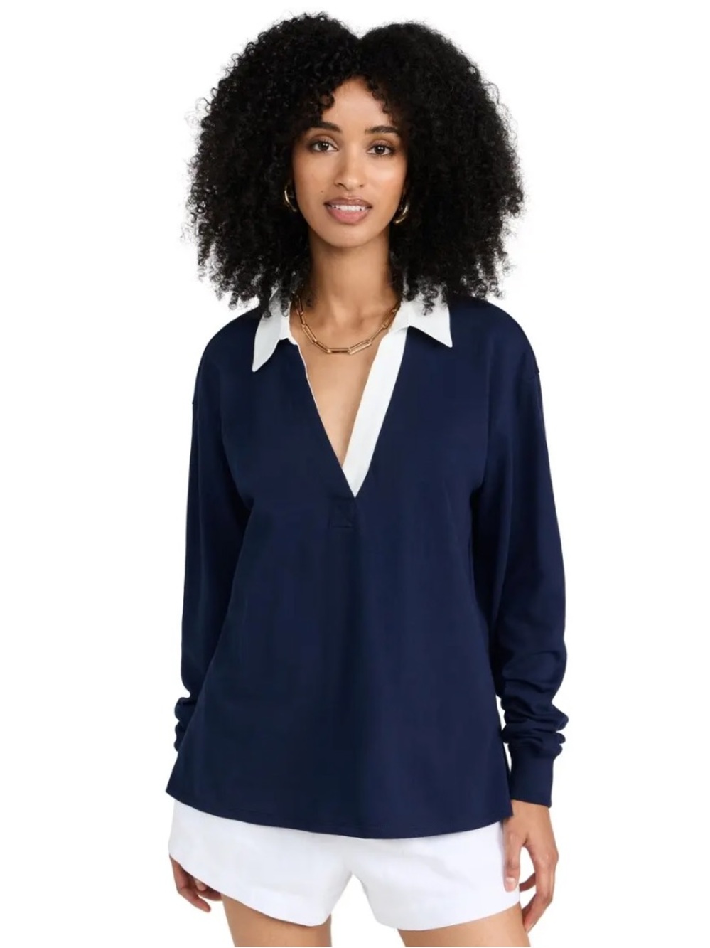 Good American Rugby Boyfriend Shirt Navy White Cotton Oversized S/M NWT